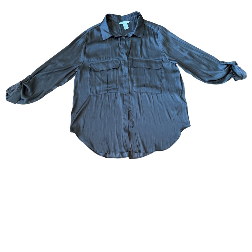 H&M Olive Green Shirt Womens Size 10 Long Sleeve Button Up Top Career Casual